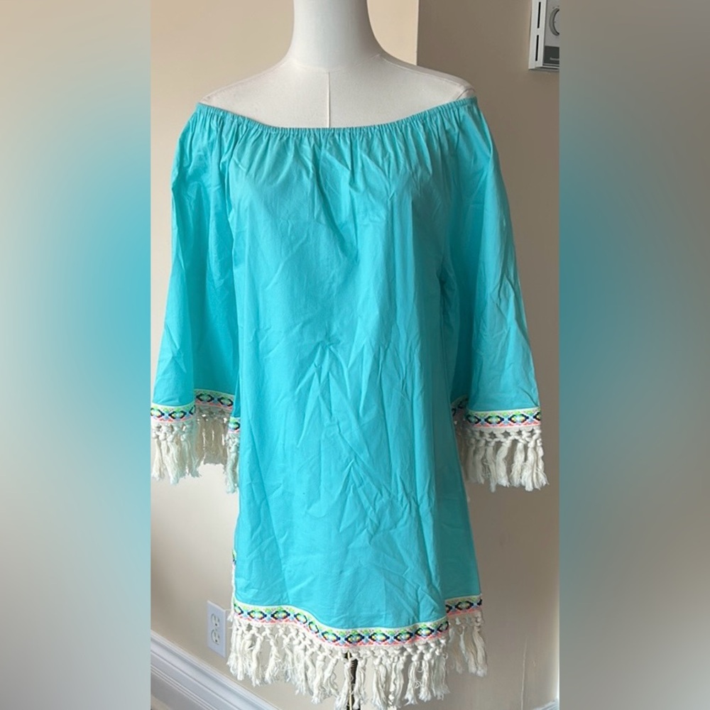 VELZERA Turquoise Off-Shoulder Dress/Cover up with Fringe size large - Picture 4 of 8